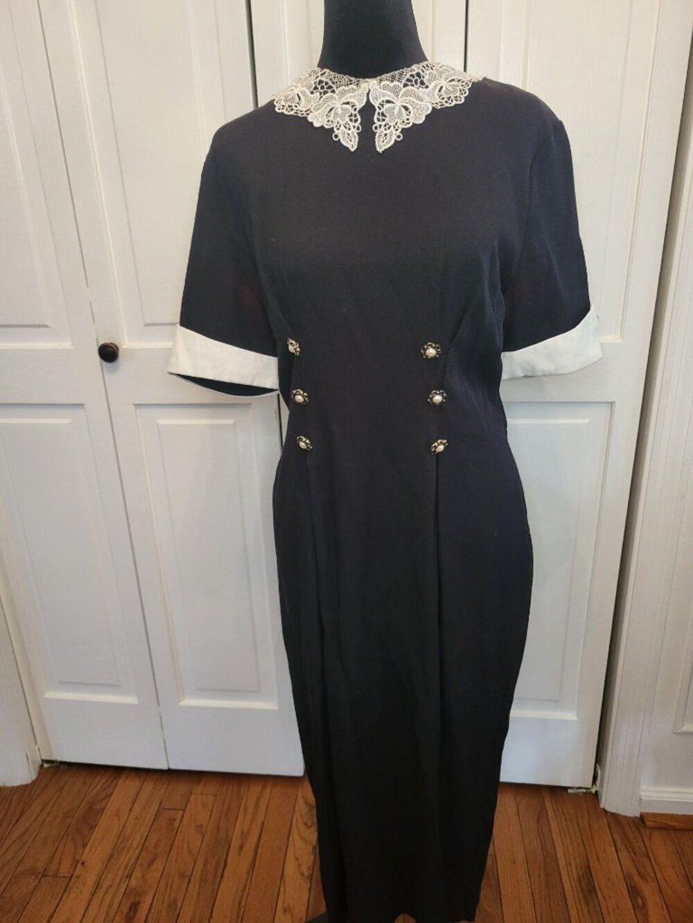 Vintage 90s Impulsive Black Sheath Midi Dress Lace Pearls 8 Goth Whimsygoth